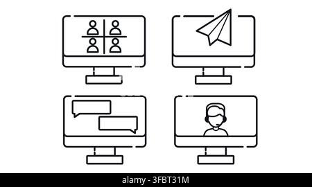 Digital communication and remote work computer monitors vector icons set. Black line art style on white background. Clean outline screens collection Stock Vector