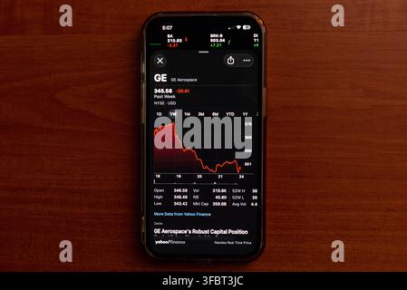 A top-down view of a smartphone displaying GE Aerospace stock data, trading charts, and financial statistics on a dark wooden office table, with ample Stock Photo
