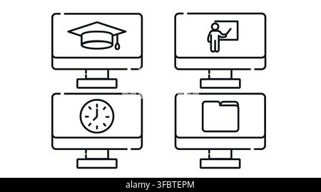 Online education and office productivity computer monitors vector icons set. Black line art style on white background. Stock Vector