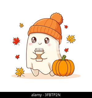 Cute cartoon ghost in hat holding coffee with pumpkin and autumn leaves. Kawaii Halloween vector illustration for cards, posters, and seasonal design. Stock Vector
