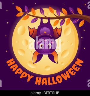 Cute Halloween Bat Hanging on Branch with Full Moon and Happy Halloween Text Stock Vector
