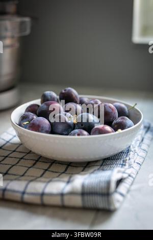 Fresh dark purple new-harvest plums, resembling small damsons or garden plums, arranged in a white ceramic bowl on a blue-and-white checked tea towel Stock Photo