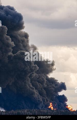 Enormous column of thick black smoke rising from burning car tires over a forest, indicating a large-scale fire at a landfill and generating significant air contamination Stock Photo