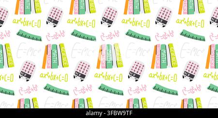 Math and science school supplies hand drawn seamless pattern for notebook print Stock Vector