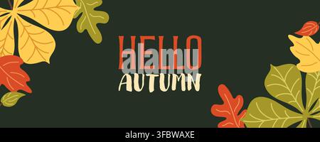 Hello autumn foliage banner flat vector background for seasonal marketing design Stock Vector
