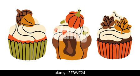 Autumn sweet cupcakes with seasonal decoration doodle vector set for festive pastry design Stock Vector