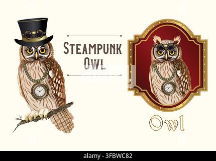 Vector design set featuring two steampunk owls: one wearing a top hat and goggles, and another inside a decorative red frame with a pocket watch. Stock Vector