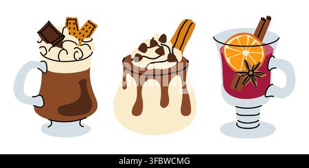Cozy autumn hot drinks and sweet seasonal beverages doodle vector set for coffee shop Stock Vector