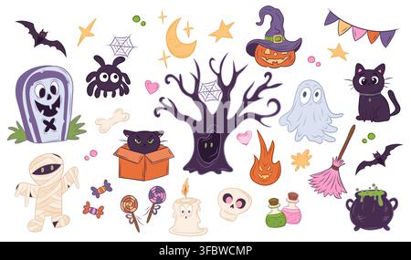 Vector set of Halloween themed characters and elements Stock Vector