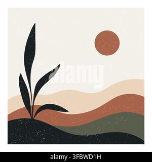 Abstract Landscape, Vector Illustration. Minimal Boho Landscape with Plant, Sun, Layered Hills. Mid Century Modern Landscape Wall Art. Square Stock Vector