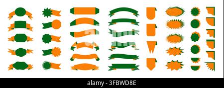 Yellow ribbons and bows set. Stock Vector Set of yellow, orange, and green ribbons. Labels, bookmarks and tags. Big collection. Flat style vector illustration. Stock Vector