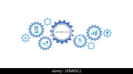 Edge computing banner with icon of distributed computing, application, device nodes, data volume, traffic and reduce costs. Stock Vector