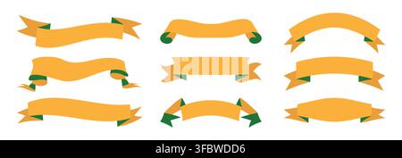Yellow ribbons and bows set. Stock Vector Set of yellow, orange, and green ribbons. Labels, bookmarks and tags. Big collection. Flat style vector illustration. Stock Vector