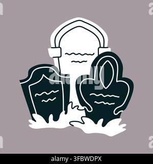 Spooky cemetery tombstones doodle vector illustration for Halloween sticker design Stock Vector