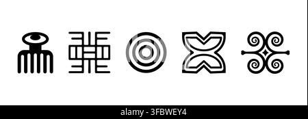 Set of akan and adinkras symbols, west african tribal icons, mystical afro logo isolated on white background Stock Vector