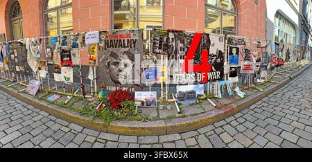 Panorama of anti-war posters and Navalny memorials outside the Russian Embassy in Tallinn Old Town, Estonia Stock Photo