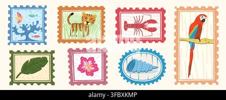 Vintage tropical summer beach stamp sticker vector set, hand drawn postage postcard frame pattern design. Retro hawaii surf palm ocean fruit doodle bo Stock Vector