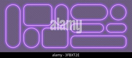 Neon glowing frames, purple night banners light effect, bright illuminated borders. Stock Vector