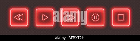 Neon media player buttons. Glossy glowing audio control icons. Stock Vector
