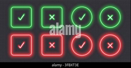 Neon checkmark icons, glowing check buttons, illuminated signs. Stock Vector