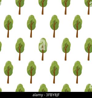 Seamless pattern with tall green deciduous trees and oval canopies on white background Stock Vector
