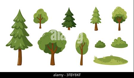 Set of green forest trees, bushes and grass elements. Cartoon vector illustration on white background Stock Vector