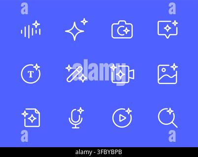 Ai logo generate photo camera content and chat. Magic music image sound ai sparkle icon generated design outline symbol Stock Vector