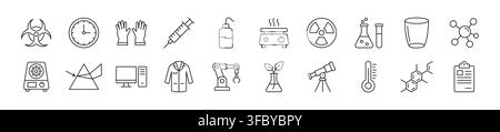 Laboratory microscope research chemistry dna chemical icon set. Chemistry lab experiment medicine development line icon set Stock Vector