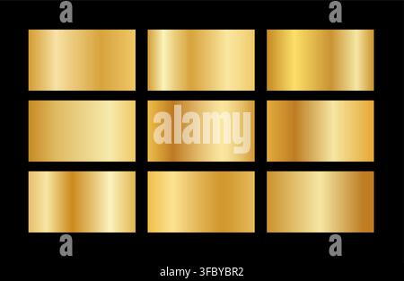 Gold gradient background metal texture. Golden foil color vector frame gradation premium design set. Stock Vector
