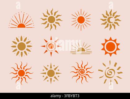 Vector boho retro summer abstract burst ray motif. Retro boho sun symbol groovy sunshine wave icon Stock Vector