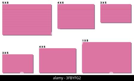 pink cards in labeled formats display ruled faces and blank backs with shadows. Suitable for colorful flashcards school notes filing labels printable inserts organization projects planning Stock Vector