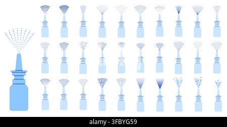 Set of blue nasal spray bottles each emitting unique dark mist jets, arcs, dots with fan bursts. Designed for pharmacy apps, allergy treatment charts, sinus irrigation guides or medical icons Stock Vector
