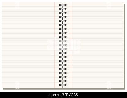 Ivory college ruled notebook page shows blue horizontal ruling plus red margin, side wire binding, and wide landscape format on white background. Suitable for schoolwork, planning, stationery Stock Vector