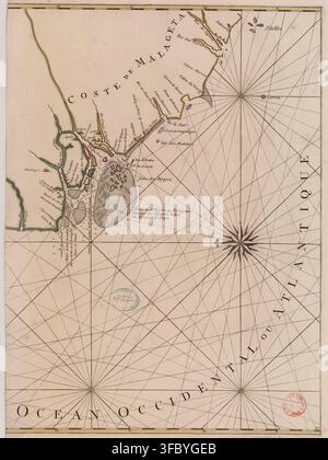 A 17th-century map of the coastal regions in West Africa, specifically presenting the Côte des Graines, including the Bijagós Archipelago, Cap Vert, Île de Gorée, and the coasts of the Province de Gelofo, Royaume de Cacheo, and western Guinea. Stock Photo