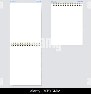 White blank notebook page shows unruled surface, side wire binding, and wide landscape format on background. Suitable for schoolwork, planning, stationery layouts, notes and printable worksheets Stock Vector