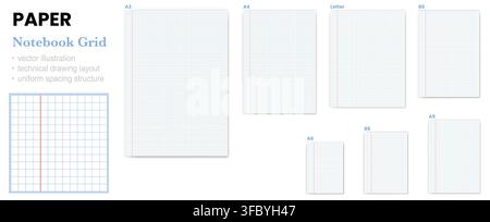 Paper Sheet Set displays seven labeled sheets in A3 A4 Letter B5 A5 A6 and B6 proportions. Ideal for printable collections, stationery catalogs, education resources, size comparisons Stock Vector