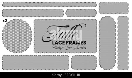 Black tulle lace border frames with scalloped dotted edges, fine hexagonal mesh fill plus circle, rectangle, strip forms isolated on white background as vintage decorative vector invitation set. Stock Vector