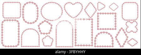 Delicate pink heart lace chains form oval, arch, diamond plus clover frames across large romantic set as crochet style trim isolated on white background for wedding invitations or cards. Stock Vector