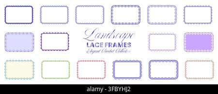 Landscape rectangle lace frame set in purple, red, green with scalloped crochet borders, heart chains, leafy motifs on white background for wedding invitations, craft cards, stationery labels. Stock Vector