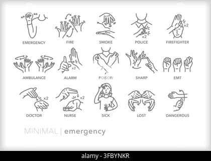 Set of 15 American Sign Language (ASL) icons showing how to sign words or phrases relating to emergency situations and first responders Stock Vector
