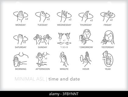 Set of 15 American Sign Language (ASL) icons showing how to sign words or phrases relating to length of time and the days of the week Stock Vector