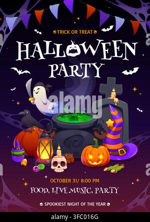 cauldron, pumpkin, ghost at Halloween party flyer Stock Vector