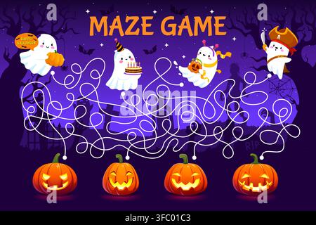 Halloween kids game, labyrinth maze worksheet Stock Vector