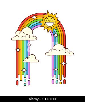 Rainbow and sun funky groovy symbol or tag Stock Vector