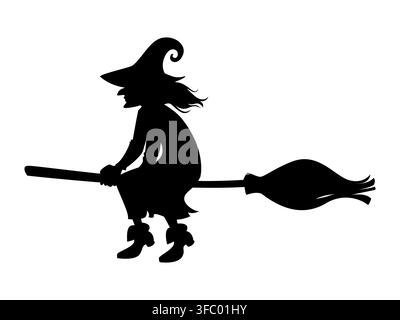 Halloween creepy ugly witch on broom silhouette Stock Vector