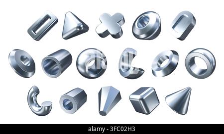3d silver or chrome metal geometric shape objects Stock Vector