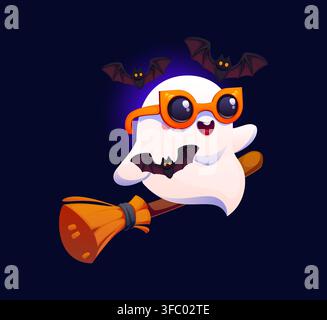 Cute cartoon ghost Halloween character on broom Stock Vector