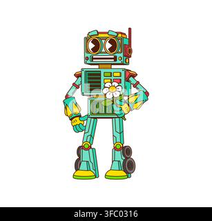Cubical green robot cartoon groovy character Stock Vector