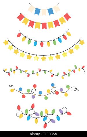 garland, lights, christmas, bunting, flags, party, string, bulbs, stars, celebration, festive, holiday, new year, birthday, decor, decoration, colorful, red, yellow, blue, green, purple, set, collection, border, frame, flat, vector, illustration, isolated, white background, print, clipart, sticker, design, element, carnival, event, anniversary, glow, illuminated, hanging, fairy light, banner, bunting flag Stock Vector