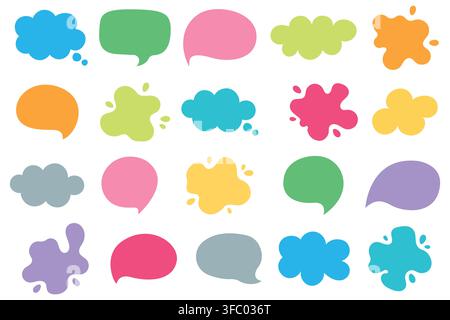 Colorful speech bubbles and paint splash frames set isolated on white background. Vector illustration of empty chat clouds, thought bubbles, and color Stock Vector